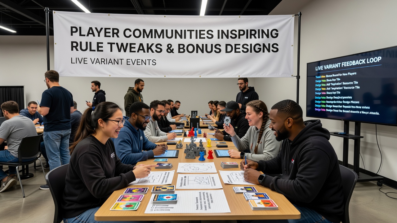Tournament director reviewing community feedback notes alongside rule sheets for a live variant event