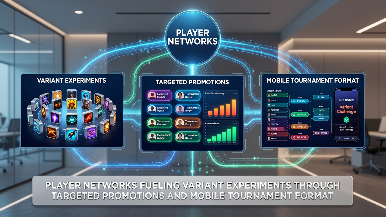 Mobile tournament interface showing variant experiment in progress with player network indicators